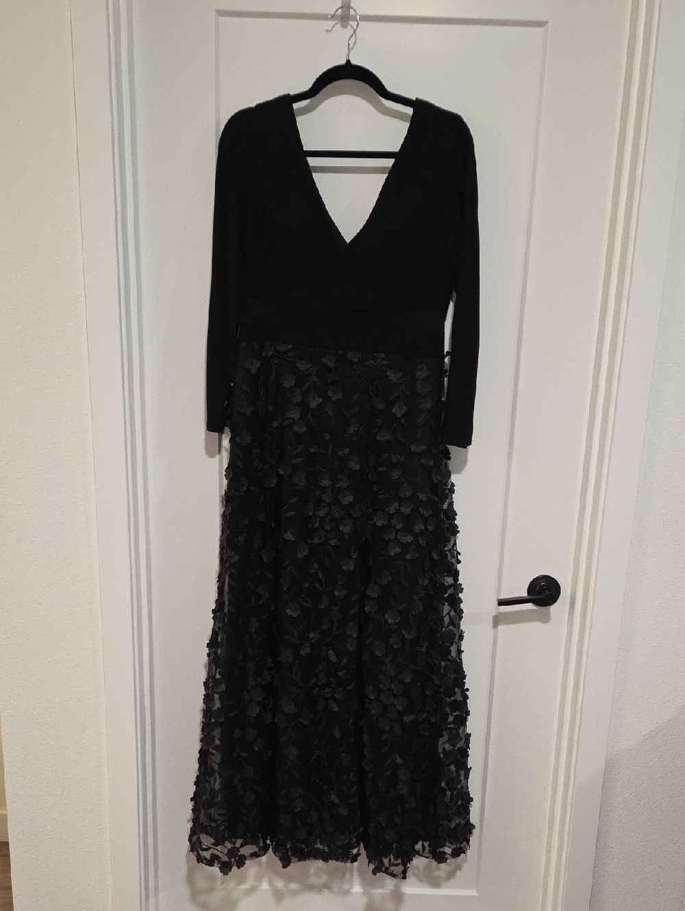 Xscape Black Long Sleeve V-Neck Dress with Floral Appliqué Skirt - Picture 3 of 6